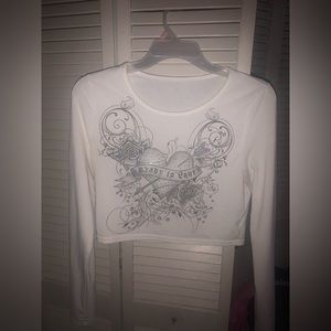 White Long Sleeve Y2K Rhinestone Crop Top